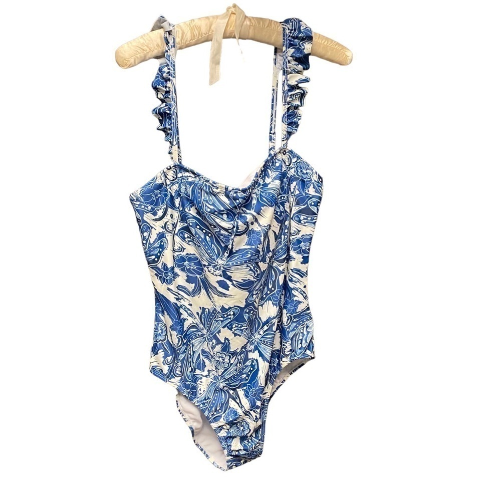 One Piece Ladies Bathing Suit 2XL Blue and White Floral Ruffle Straps Unbranded